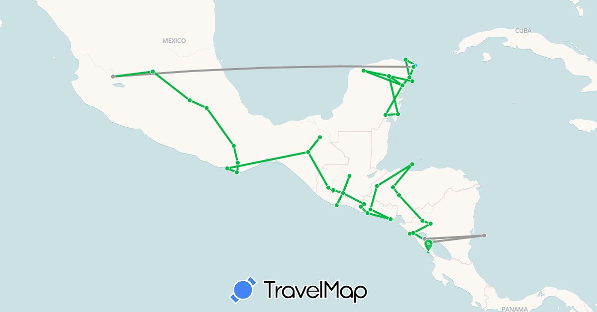 TravelMap itinerary: driving, bus, plane, boat in Guatemala, Honduras, Mexico, Nicaragua, El Salvador (North America)
